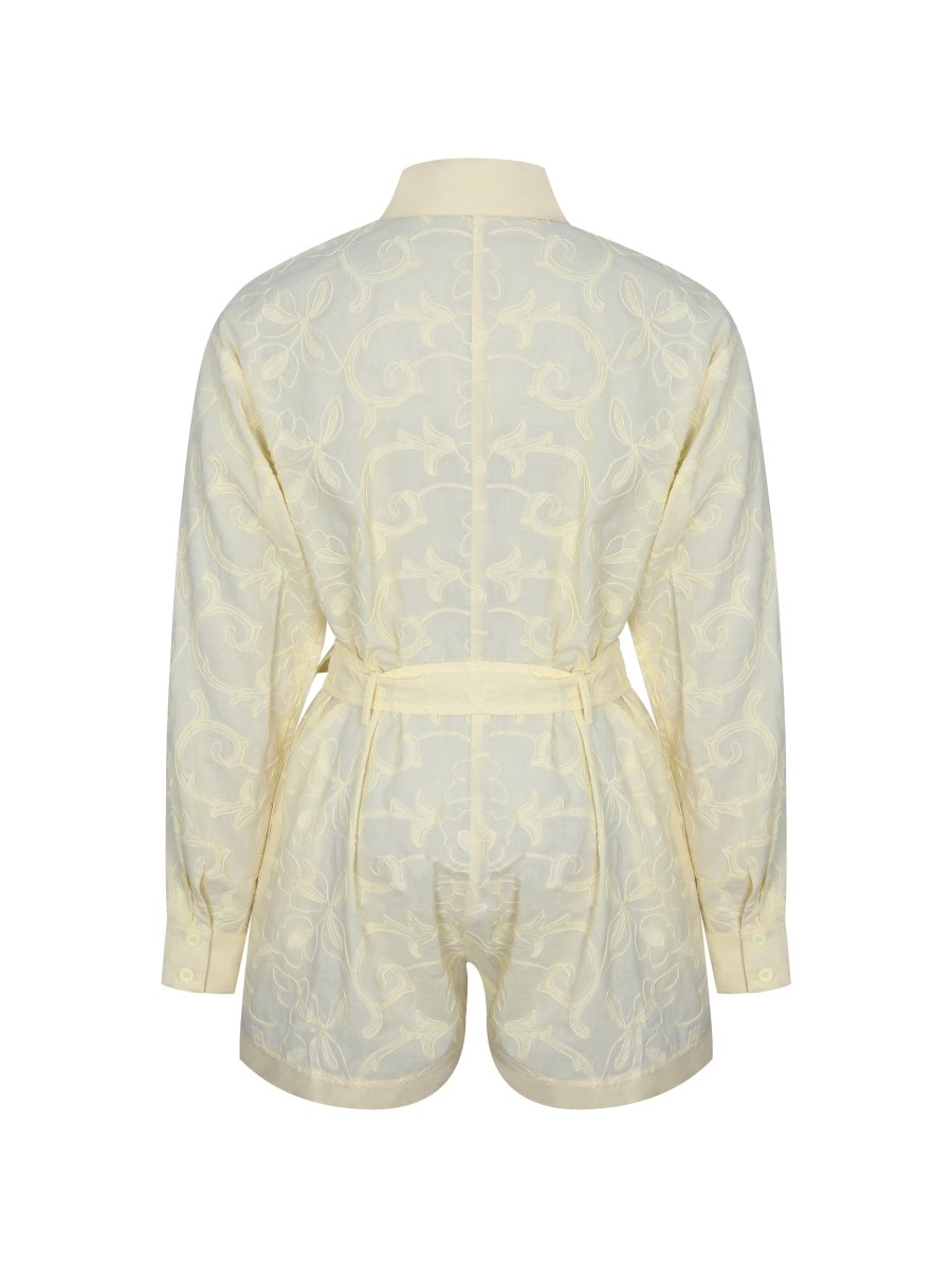 Malou Lemon Yellow Embroidered Poplin Belted Shirt Romper - HOUSE OF SHE
