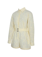 Malou Lemon Yellow Embroidered Poplin Belted Shirt Romper - HOUSE OF SHE