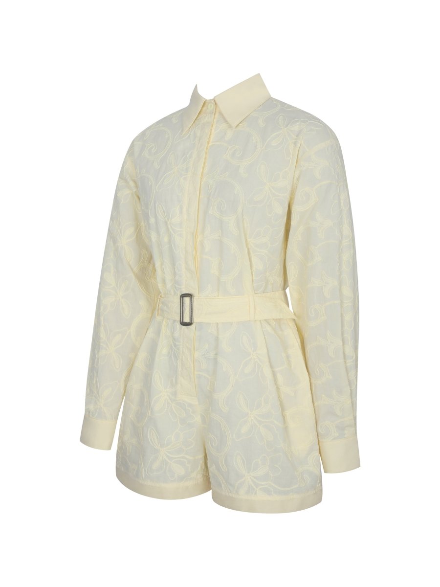 Malou Lemon Yellow Embroidered Poplin Belted Shirt Romper - HOUSE OF SHE