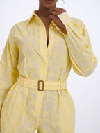 Malou Lemon Yellow Embroidered Poplin Belted Shirt Romper - HOUSE OF SHE