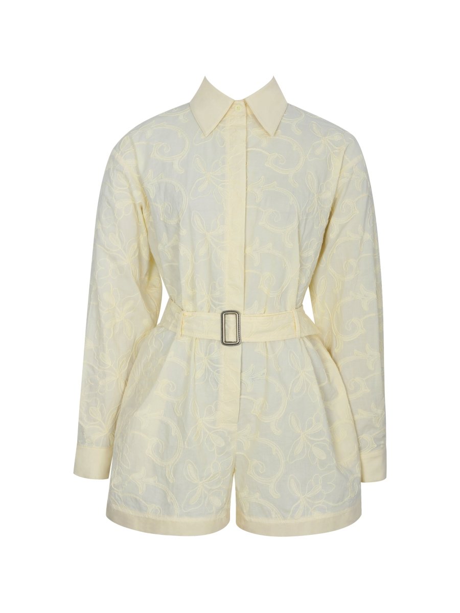 Malou Lemon Yellow Embroidered Poplin Belted Shirt Romper - HOUSE OF SHE
