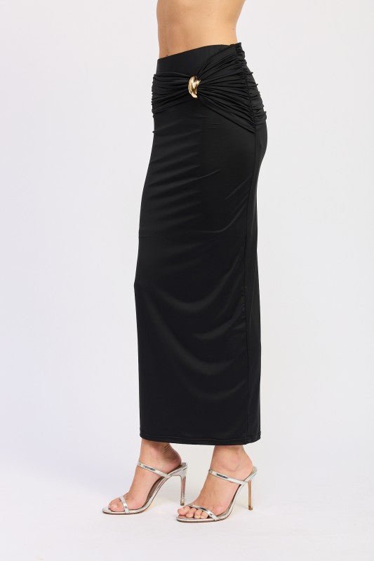MAXI RUCHED KNITSKIRT WITH GOLD TRIM - HOUSE OF SHE