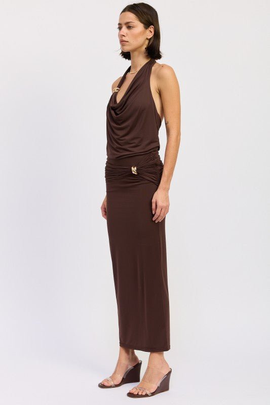 MAXI RUCHED KNITSKIRT WITH GOLD TRIM - HOUSE OF SHE