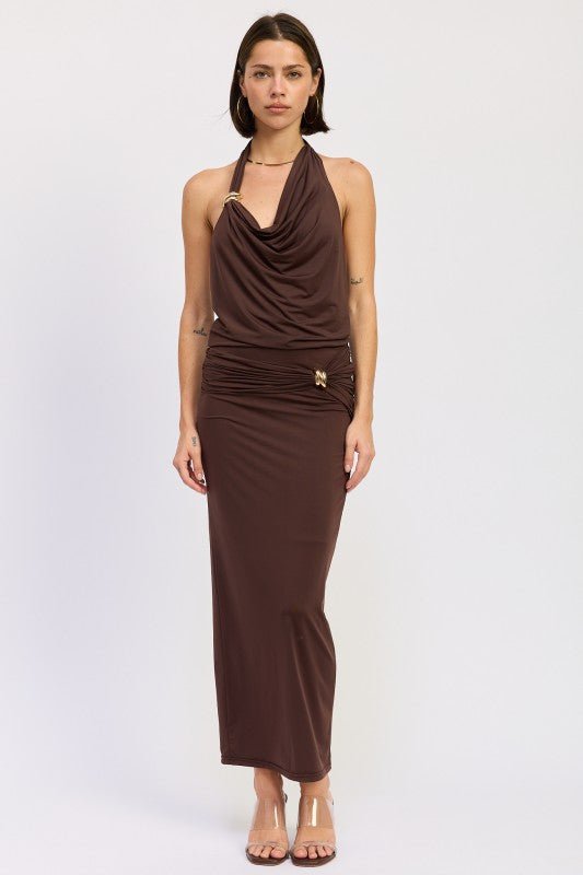 MAXI RUCHED KNITSKIRT WITH GOLD TRIM - HOUSE OF SHE