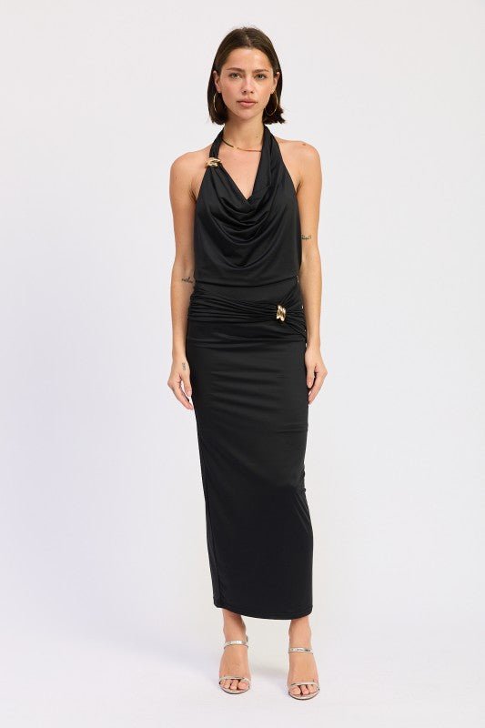 MAXI RUCHED KNITSKIRT WITH GOLD TRIM - HOUSE OF SHE