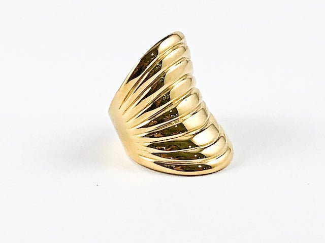 Modern Long Layered Band Design Gold Tone Steel Ring - HOUSE OF SHE