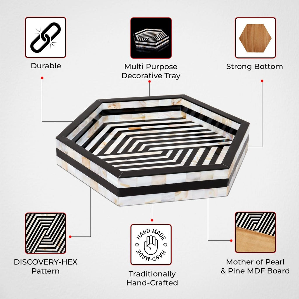 Mother of Pearl Decorative Tray 12" Black White Table Tray - HOUSE OF SHE