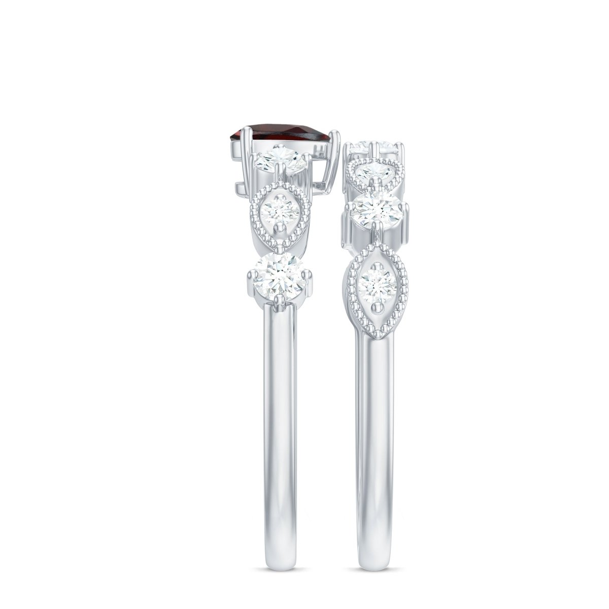 Natural Garnet Diamond Heart Engagement Ring with Wedding Band - HOUSE OF SHE