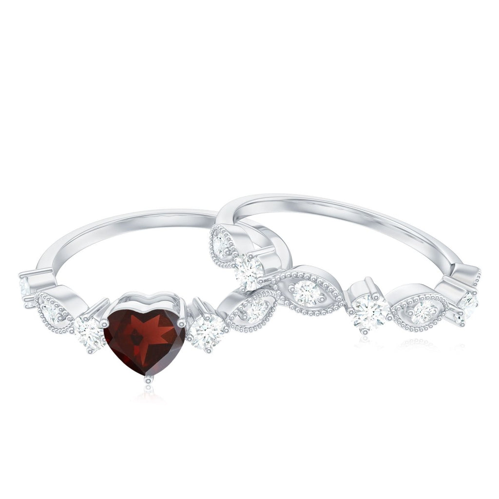 Natural Garnet Diamond Heart Engagement Ring with Wedding Band - HOUSE OF SHE