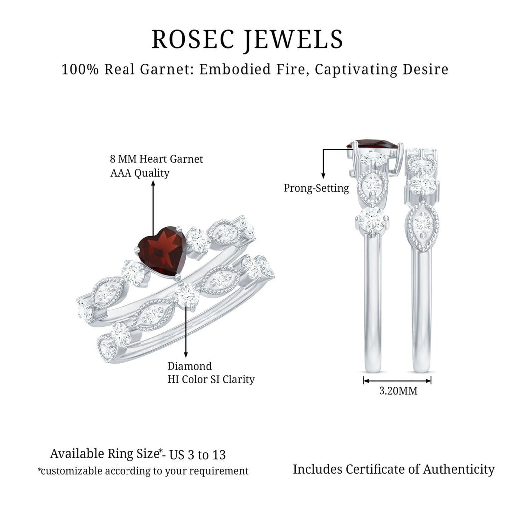 Natural Garnet Diamond Heart Engagement Ring with Wedding Band - HOUSE OF SHE