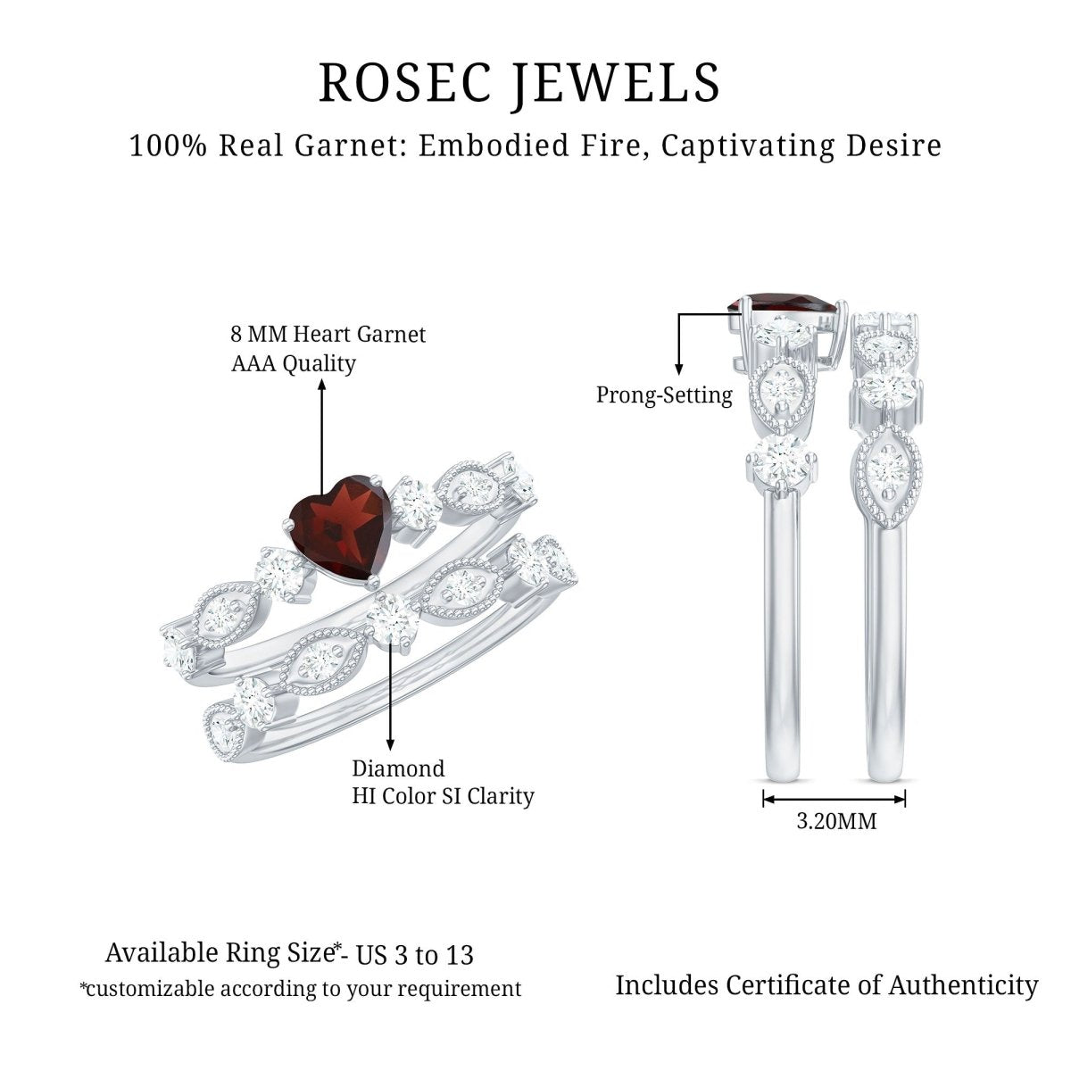 Natural Garnet Diamond Heart Engagement Ring with Wedding Band - HOUSE OF SHE