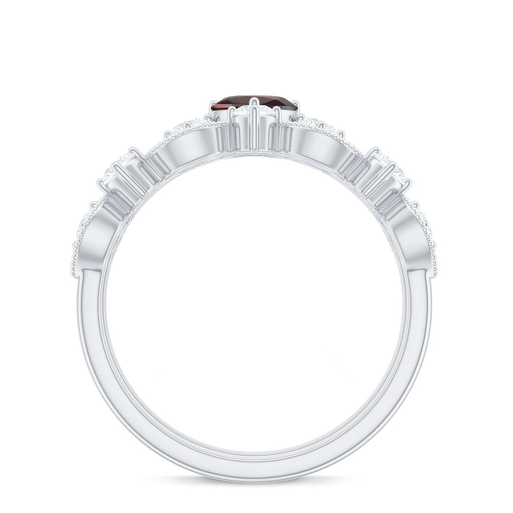 Natural Garnet Diamond Heart Engagement Ring with Wedding Band - HOUSE OF SHE