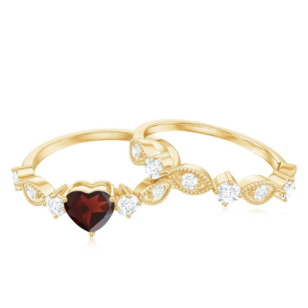 Natural Garnet Diamond Heart Engagement Ring with Wedding Band - HOUSE OF SHE