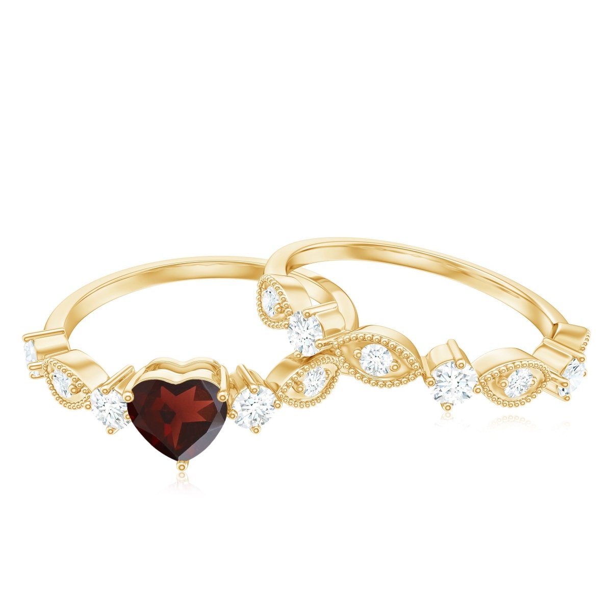 Natural Garnet Diamond Heart Engagement Ring with Wedding Band - HOUSE OF SHE