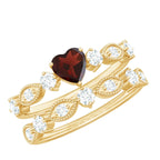 Natural Garnet Diamond Heart Engagement Ring with Wedding Band - HOUSE OF SHE