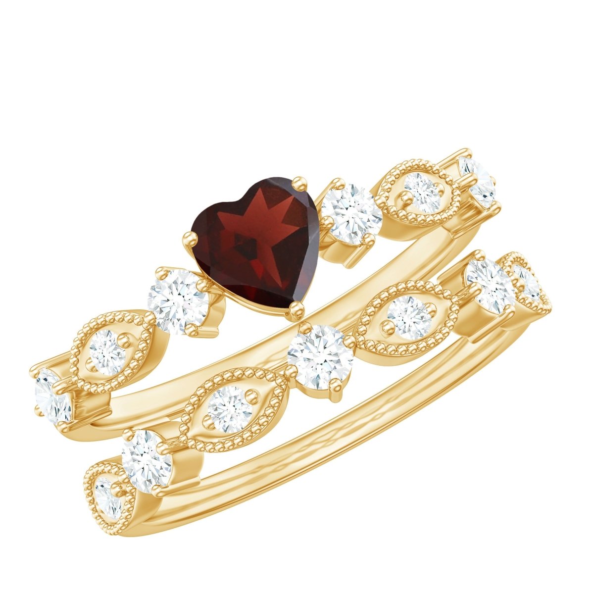 Natural Garnet Diamond Heart Engagement Ring with Wedding Band - HOUSE OF SHE