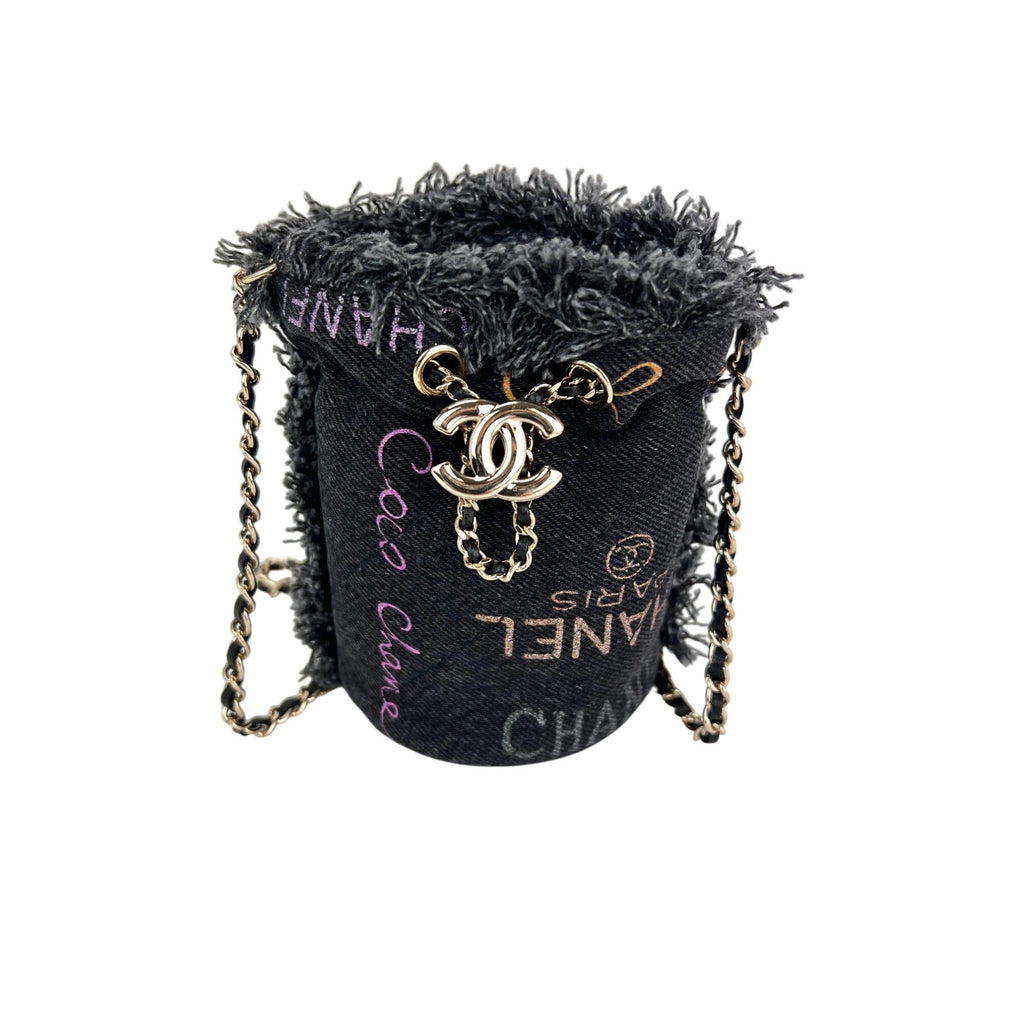 Chanel Denim Quilted Mood Mini Bucket With Chain Black - HOUSE OF SHE