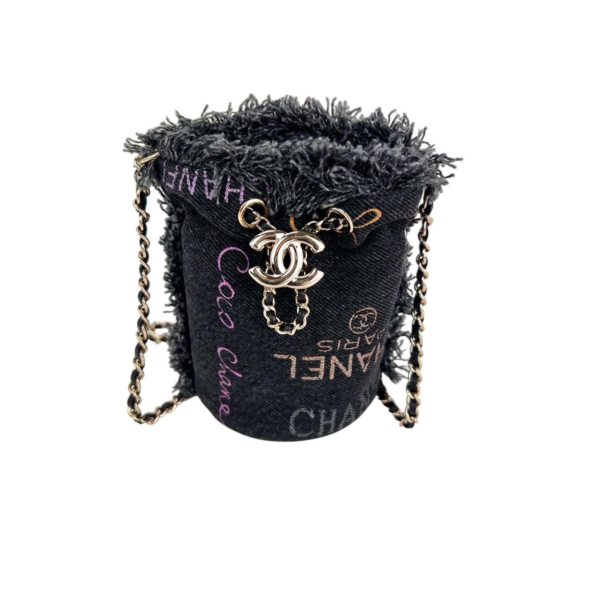 Chanel Denim Quilted Mood Mini Bucket With Chain Black - HOUSE OF SHE