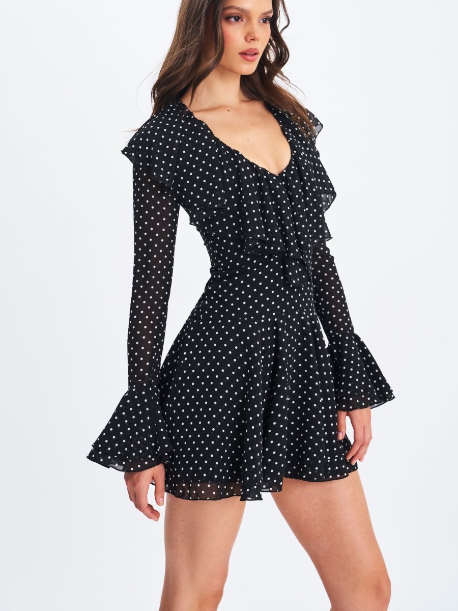 Omari Black Chiffon Polka Dot Ruffled Neckline Mini Dress - HOUSE OF SHE