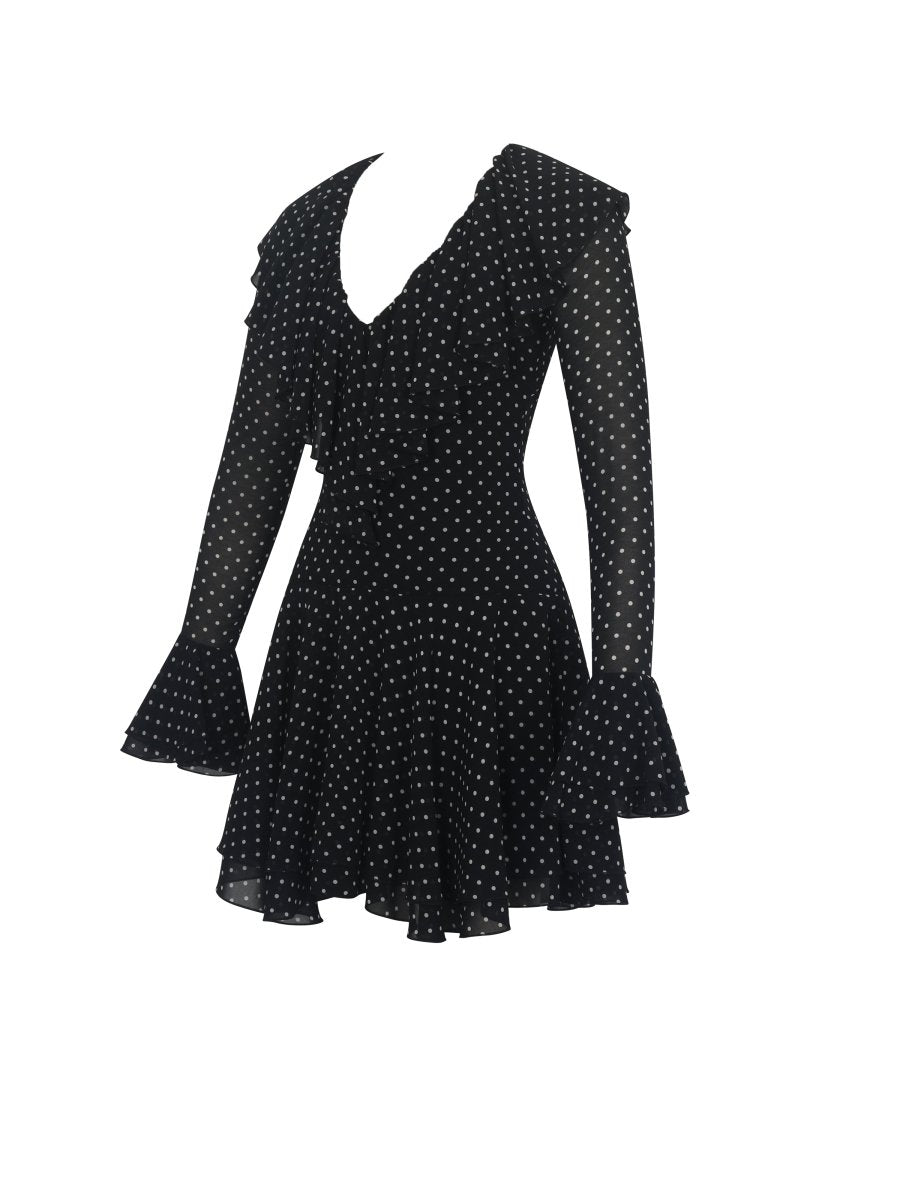 Omari Black Chiffon Polka Dot Ruffled Neckline Mini Dress - HOUSE OF SHE