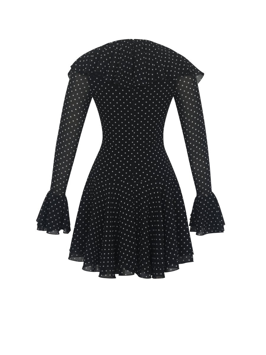Omari Black Chiffon Polka Dot Ruffled Neckline Mini Dress - HOUSE OF SHE
