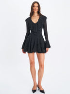 Omari Black Chiffon Polka Dot Ruffled Neckline Mini Dress - HOUSE OF SHE