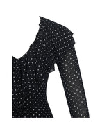 Omari Black Chiffon Polka Dot Ruffled Neckline Mini Dress - HOUSE OF SHE