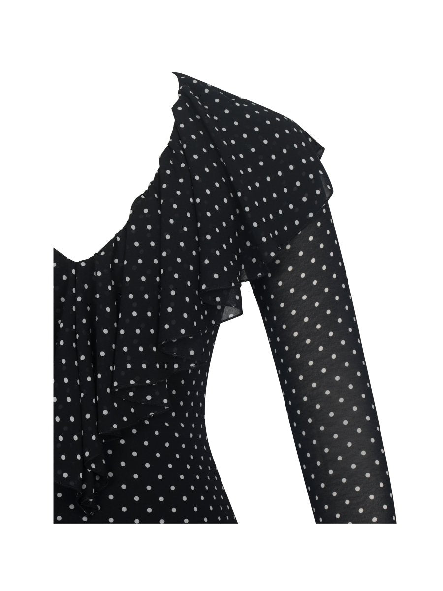 Omari Black Chiffon Polka Dot Ruffled Neckline Mini Dress - HOUSE OF SHE