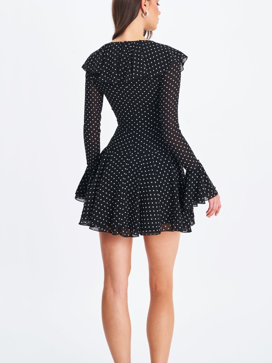 Omari Black Chiffon Polka Dot Ruffled Neckline Mini Dress - HOUSE OF SHE