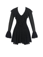 Omari Black Chiffon Polka Dot Ruffled Neckline Mini Dress - HOUSE OF SHE