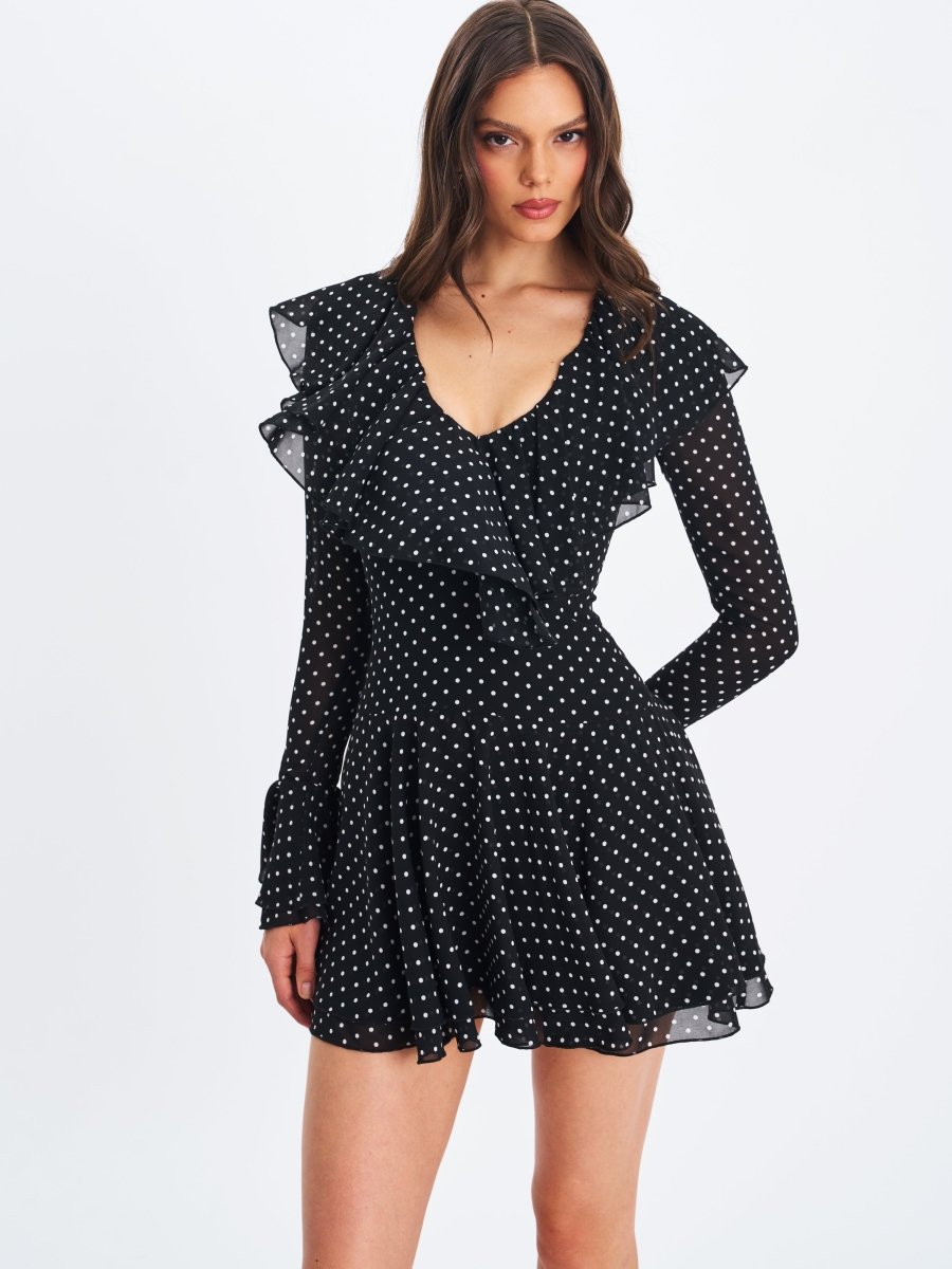 Omari Black Chiffon Polka Dot Ruffled Neckline Mini Dress - HOUSE OF SHE