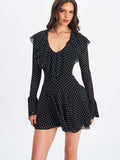 Omari Black Chiffon Polka Dot Ruffled Neckline Mini Dress - HOUSE OF SHE