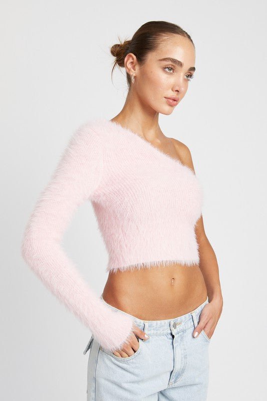 One Shoulder Fluffy Sweater Top - HOUSE OF SHE