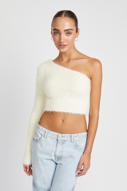 One Shoulder Fluffy Sweater Top - HOUSE OF SHE