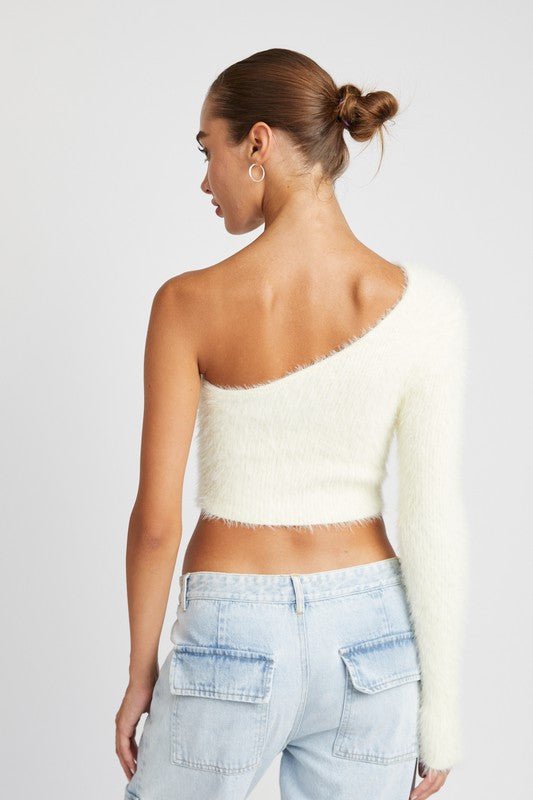One Shoulder Fluffy Sweater Top - HOUSE OF SHE