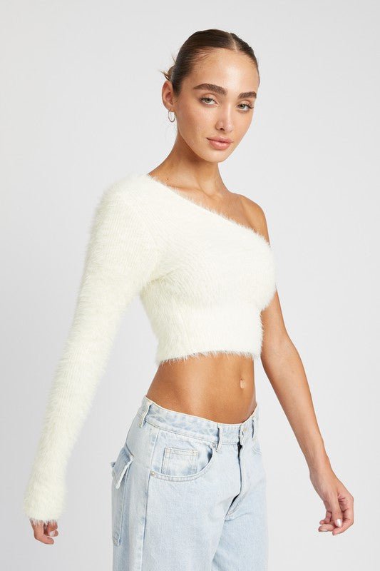 One Shoulder Fluffy Sweater Top - HOUSE OF SHE