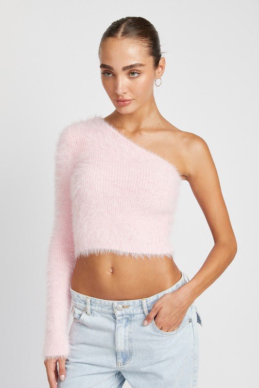 One Shoulder Fluffy Sweater Top - HOUSE OF SHE