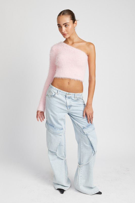 One Shoulder Fluffy Sweater Top - HOUSE OF SHE