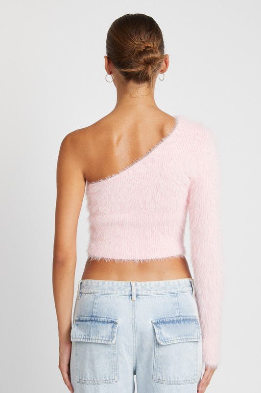 One Shoulder Fluffy Sweater Top - HOUSE OF SHE