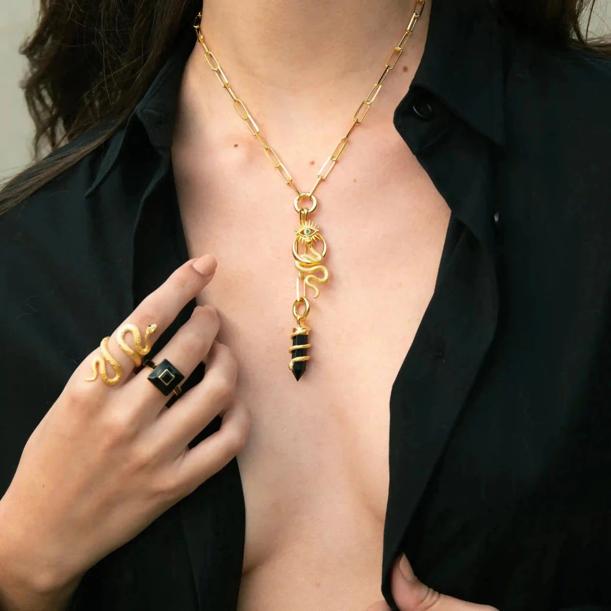 Onyx Crystal Snake Necklace - HOUSE OF SHE