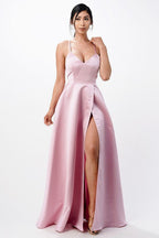 Open Side Back Spaghetti Zig Zag Tie Satin Gown - HOUSE OF SHE