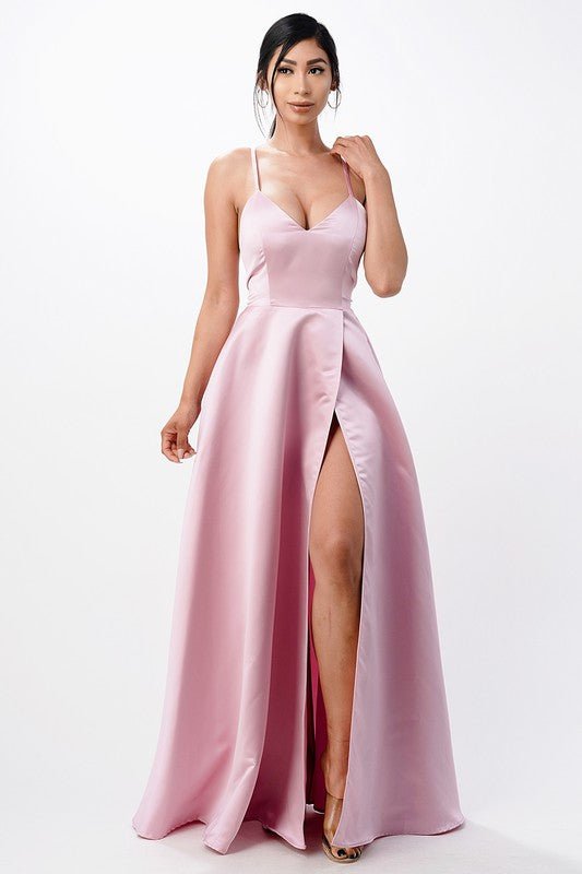 Open Side Back Spaghetti Zig Zag Tie Satin Gown - HOUSE OF SHE