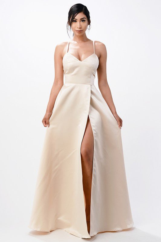Open Side Back Spaghetti Zig Zag Tie Satin Gown - HOUSE OF SHE