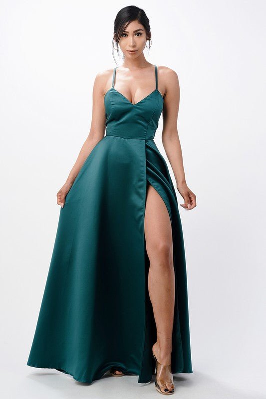 Open Side Back Spaghetti Zig Zag Tie Satin Gown - HOUSE OF SHE