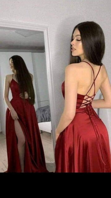 Open Side Back Spaghetti Zig Zag Tie Satin Gown - HOUSE OF SHE