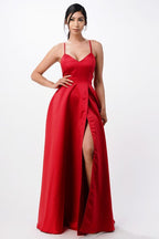 Open Side Back Spaghetti Zig Zag Tie Satin Gown - HOUSE OF SHE