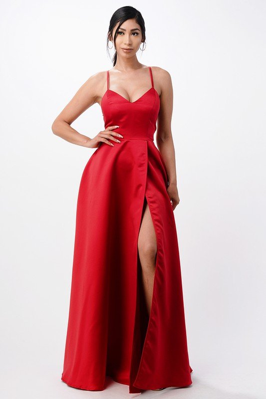Open Side Back Spaghetti Zig Zag Tie Satin Gown - HOUSE OF SHE