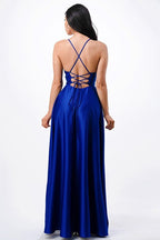 Open Side Back Spaghetti Zig Zag Tie Satin Gown - HOUSE OF SHE