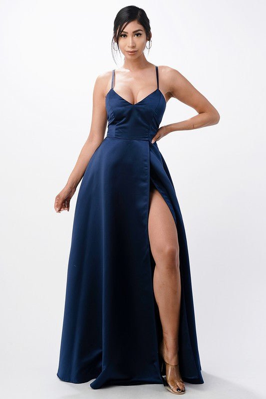 Open Side Back Spaghetti Zig Zag Tie Satin Gown - HOUSE OF SHE