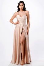 Open Side Back Spaghetti Zig Zag Tie Satin Gown - HOUSE OF SHE